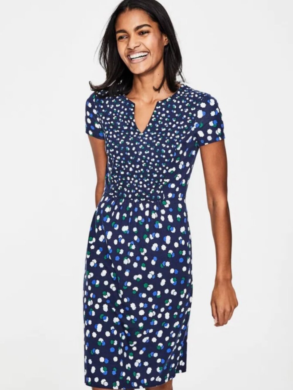 Boden Navy Blue Floral Fit and Flare Dress Emery Soft Modal Cotton Jersey Sz 8
